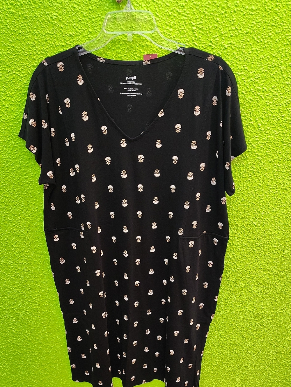 Pure Jill Black V-Neck Short Sleeve Dress with Cream Dot Print